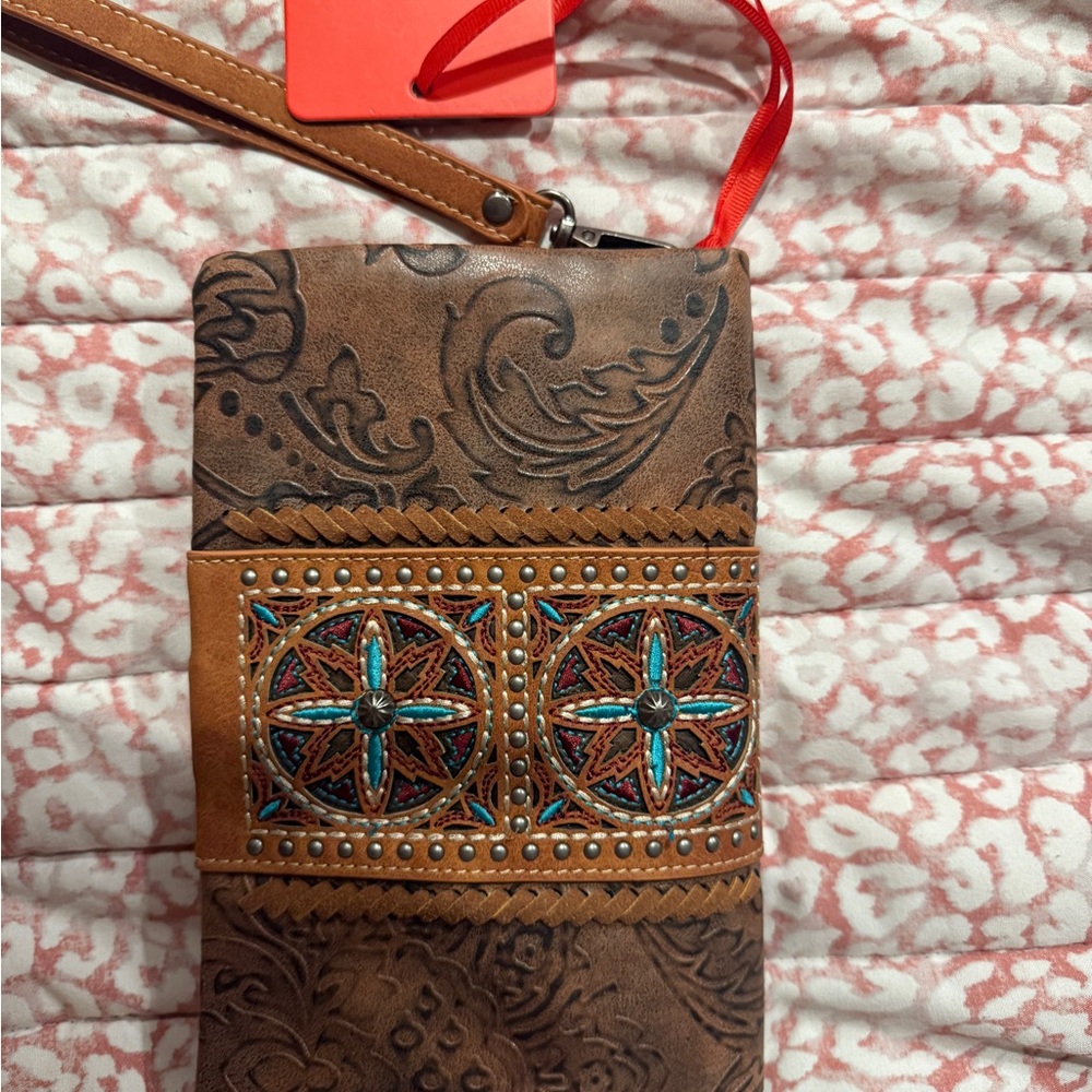 Embroidered Brown Wristlet with Strap NWT